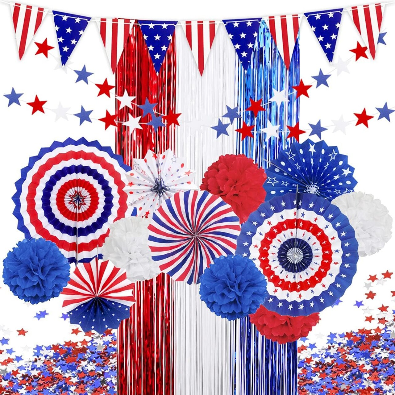 4th of July Patriotic Party Decoration Set – American Flag Paper Fans, Pom-Poms, Foil Fringe Curtain, Star Streamers & USA Pennant Bunting for Independence Day